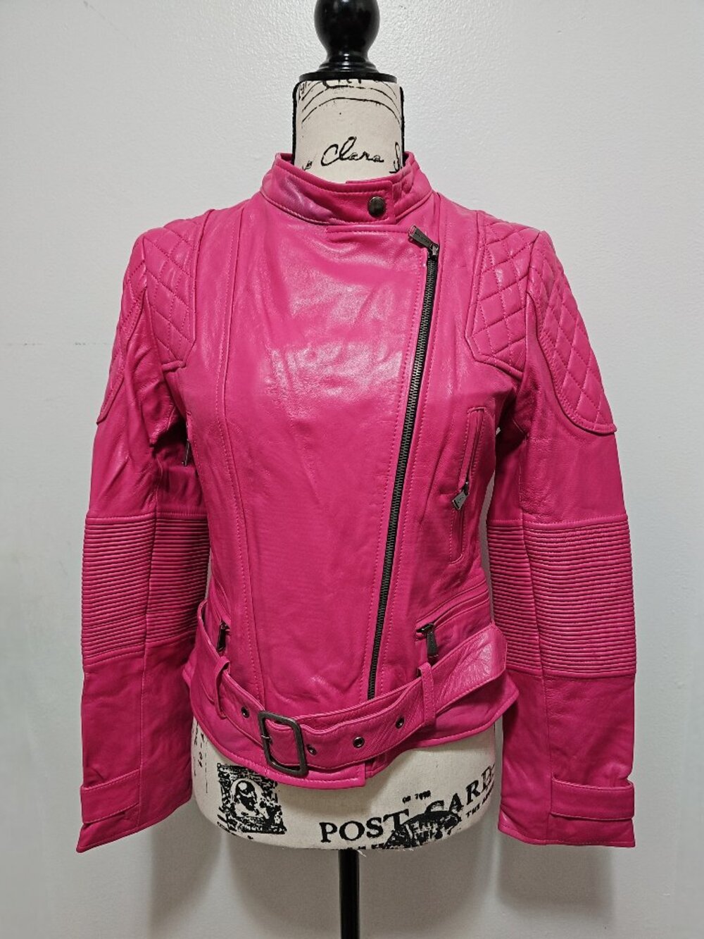 New Real Lamb Leather Motorcycle Biker Ride Jacket Military Distressed Hot Pink